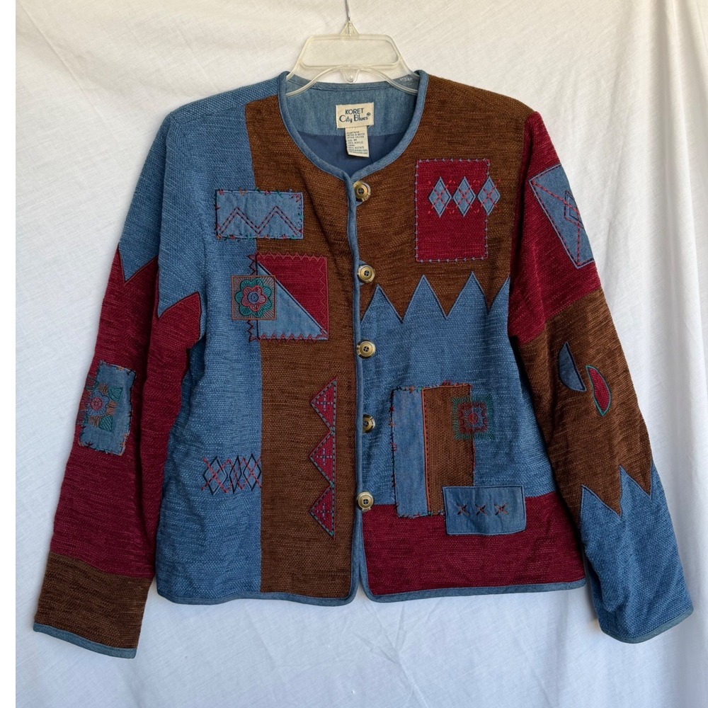 Vintage 90s Koret Cottagecore Patchwork Jacket Multi Color Embroidered Medium
